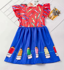 Red and Royal Blue Crayon Flutter Sleeve Dress