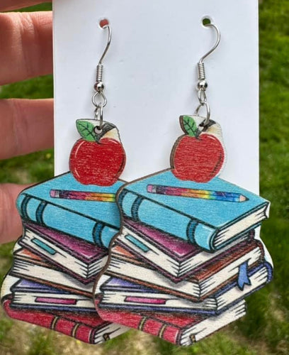 Red Apple Book Stack Wooden Earrings