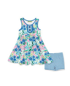 Marina Blue 2pc Sleeveless Dress & Stripe Shorts Set