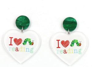 Green and White Acrylic “I Love Reading” Earrings