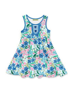 Marine Blue Floral Button-Accent Sleeveless Dress