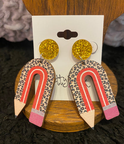 Yellow Glitter Leopard Print Wooden Pencil Rainbow Earrings