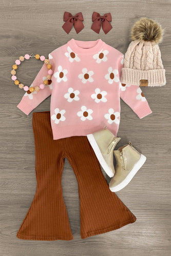 Pink Flower Sweater and Matching Brown Ribbed Bell Bottom Pants Set