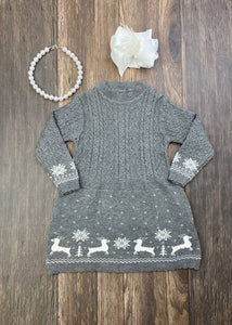 Grey Reindeer & Snowflakes Alpine Print Cable Knit Dress