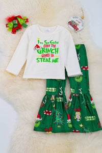 White Grinch "I'm so cute even the Grinch..." Graphic Tee and Matching Green Printed Bell Bottoms