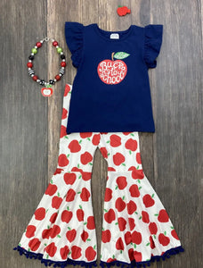 Navy "Back to School" Top and Matching Apple Bell Bottom Pants