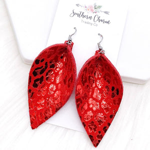 Red 2.5" Metallic Valentine Leopard Petal Earrings
