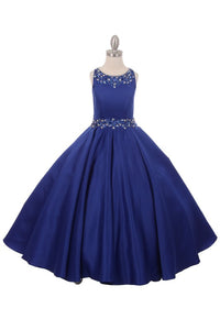 Royal Blue Satin Beaded Pageant Dress w/Pockets