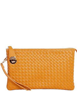 Mustard Woven Clutch Crossbody with Buckle Lock and Detachable Strap