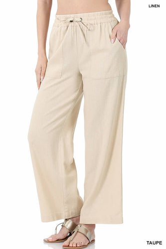 Taupe Drawstring Linen Pants with Pockets
