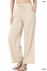 Taupe Drawstring Linen Pants with Pockets