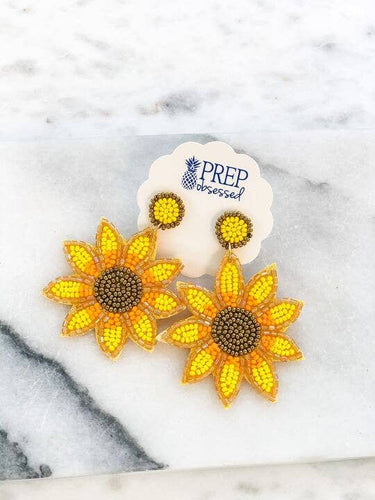 Yellow Sunflower Seed Bead Dangle Earrings