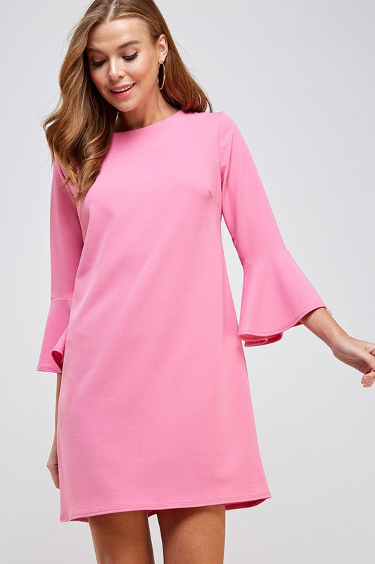 Pink 3/4 Bell Sleeve Shift Dress