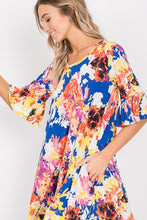 Royal Blue Floral Print Dress with Ruffle Sleeves and Pockets