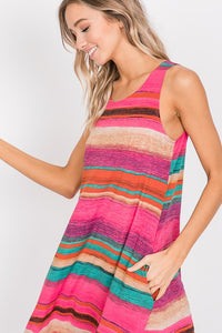 Fuchsia Multi Color Striped Sleeveless Dress w/Pockets