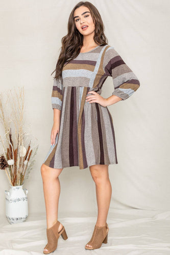 Brown Mocha Plus Mix Stripe Balloon Sleeve Midi Dress