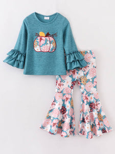 Teal 2pc Pumpkin Floral Bell Bottom Set, Girl Boutique Outfit
