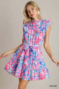 Pink Two Tone Watercolor Print Fit and Flare Ruffle Dress