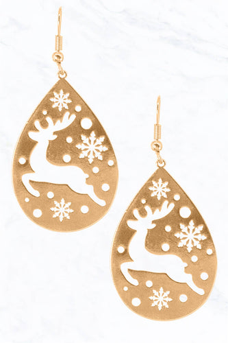 Gold Christmas, Cut Out Rudolph, Snowflake Metal Teardrop Earring