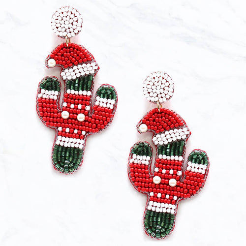 Beaded Christmas Cactus with Hat, Fabric Post Dangle Earring