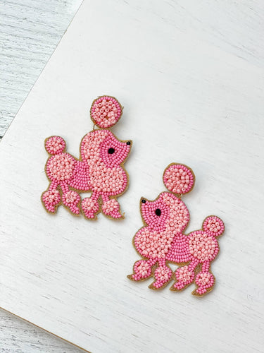 Pink Poodle Seed Beaded Dangle Earrings