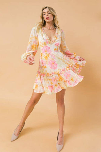 Pink and Yellow Floral Balloon Sleeve Ruffle Dress