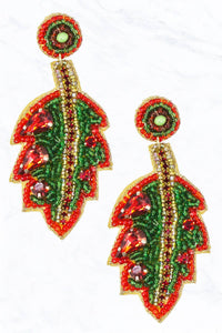 Red Christmas Holly Leaf with Multi Bead Fabric Dangle Earrings