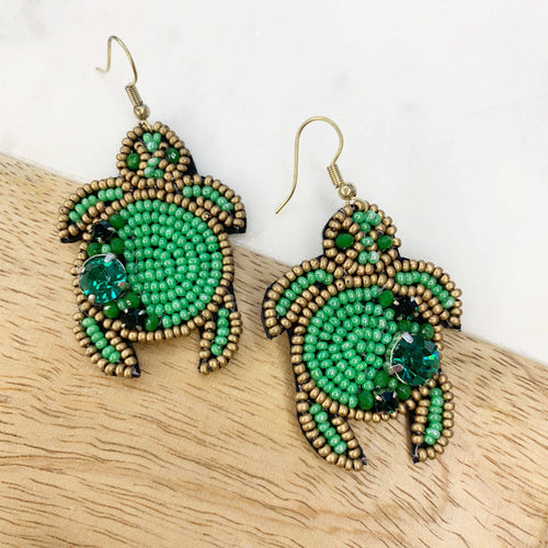 Green Turtle Beaded Statement Earrings