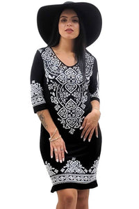 Black Embroidered Design V Neck Dress with 3/4 Sleeves