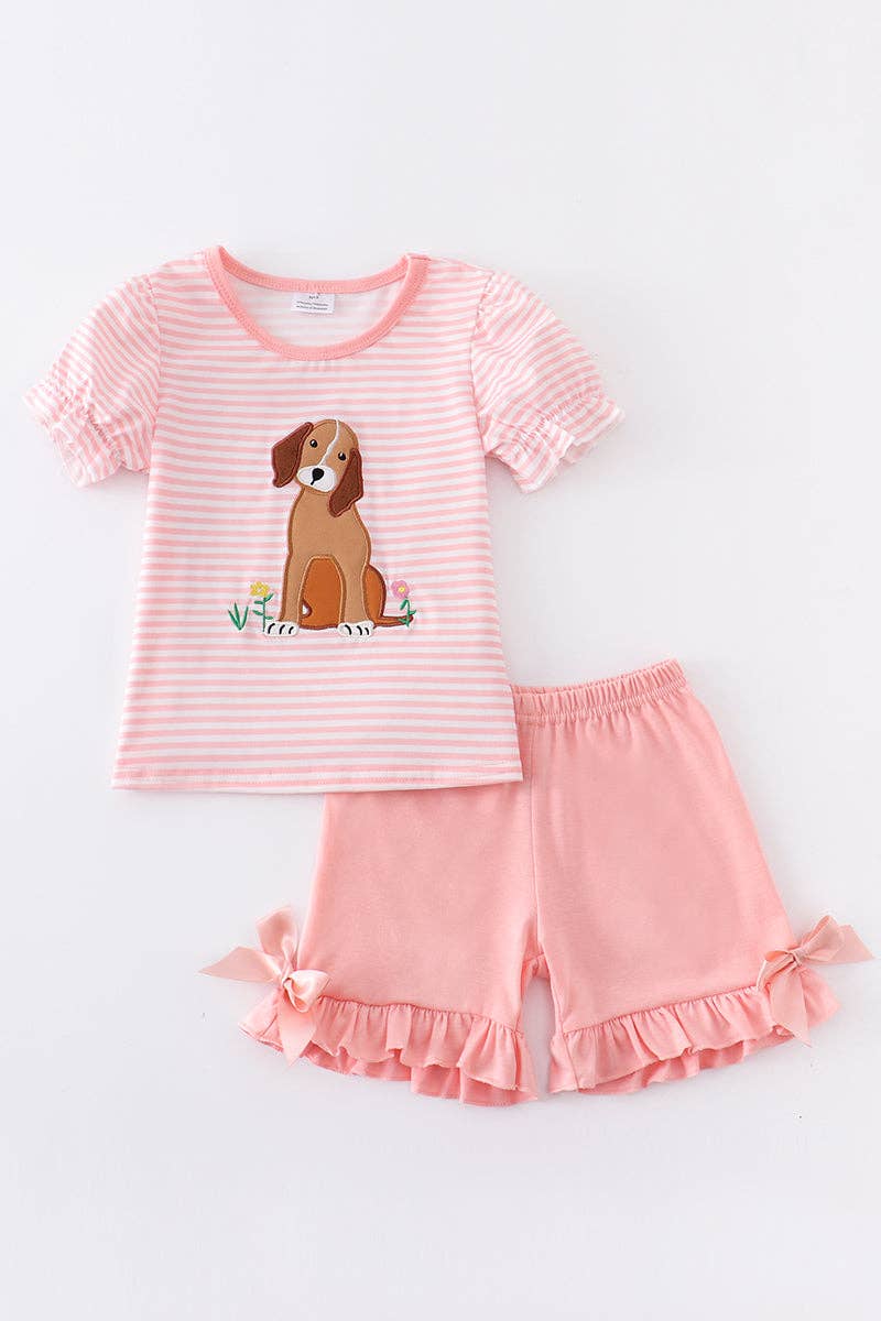 Pink Stripe Dog Applique 2pc Girl Set