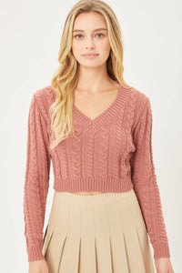 Mauve Cable Knit Cropped Sweater