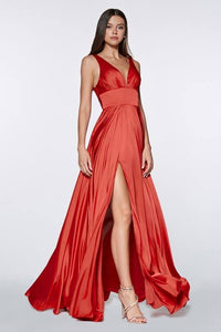 Red Satin V-neck Prom/Pageant Dress with Side Slit