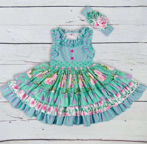 Lavender & Mint Green Ruffled Dress with Headband