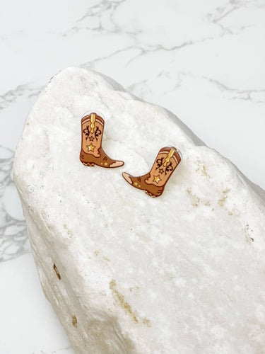 Brown Cowboy Boot Acrylic Stud Earrings