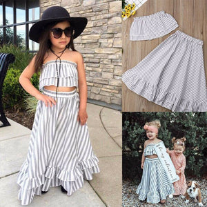 Gray Stripe Girls 2pc Crop Top and Matching Skirt