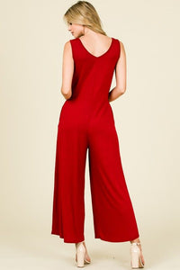 Red Sleeveless V-Neck Wide Leg Jumpsuit with Pockets