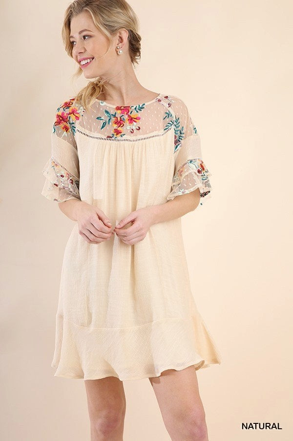Cream Dress with Sheer Embroidered Sleeves