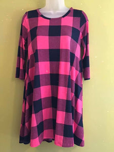 Pink & Navy Blue Plaid Dress with 3/4 Sleeves and Pockets