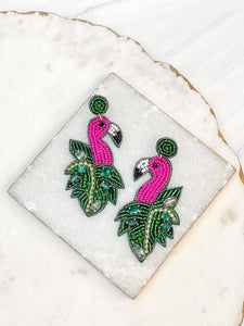 Pink/Green Seed Beaded Tropical Flamingo Dangle Earrings