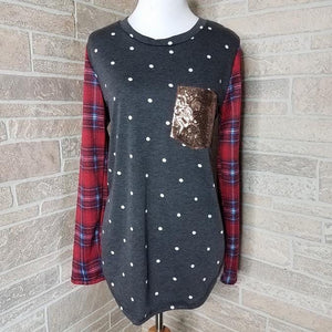 Grey Polka Dot Top with Plaid Sleeves and Gold Sequin Pocket