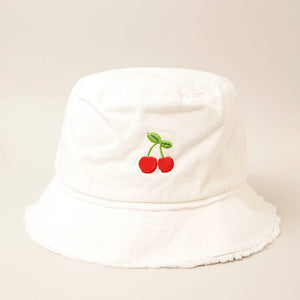 White Cherry Distressed Denim Cotton Bucket Hat