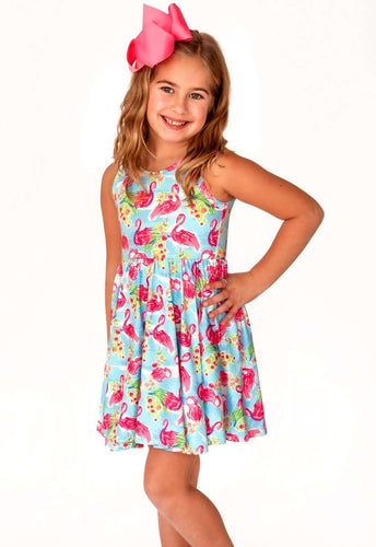 Blue Pink Flamingo Sleeveless Twirl Dress