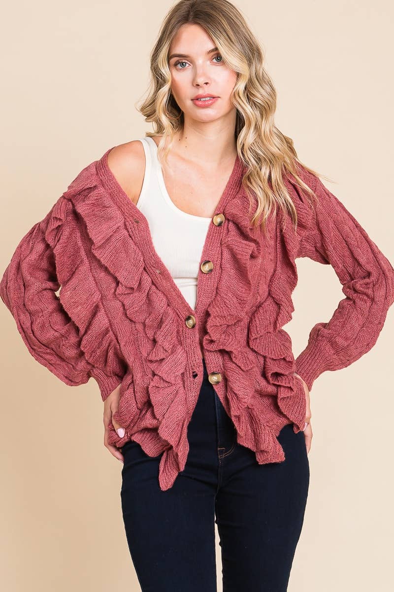 Mauve Button Up Cascade Ruffle Cardigan Sweater