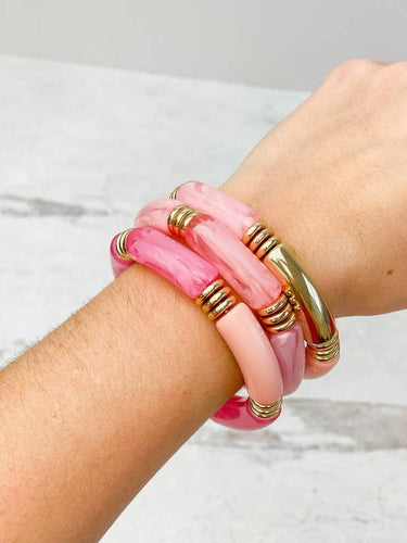 Pink Acrylic Tube Stretch Bracelet Set of 3