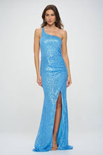 Blue One Shoulder Sleeveless Maxi Sequin Prom Dress