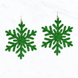 Green Glitter Christmas Snowflake Earrings