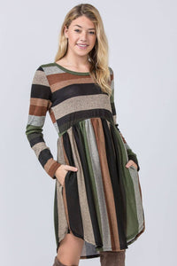 Olive Black Stripe Curved Hem Midi Dress