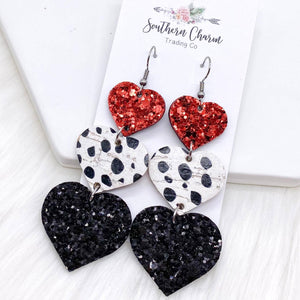 3.5" Red/Dalmatian/Black Chunky Valentine Heart Waterfall Earrings