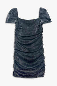 Black Silver Glitter Mesh Cap Sleeve Ruched Dress