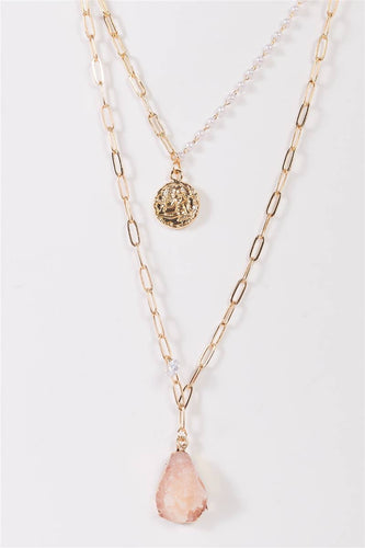 Gold Double Chain with Rose Quartz Faux Stone & Gold Necklac